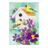 Evergreen Finch & Clementine Birdhouse Burlap Garden Flag