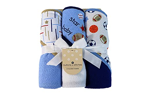Cudlie Buttons & Stitches All Star Sports 3pk Hooded Towels-