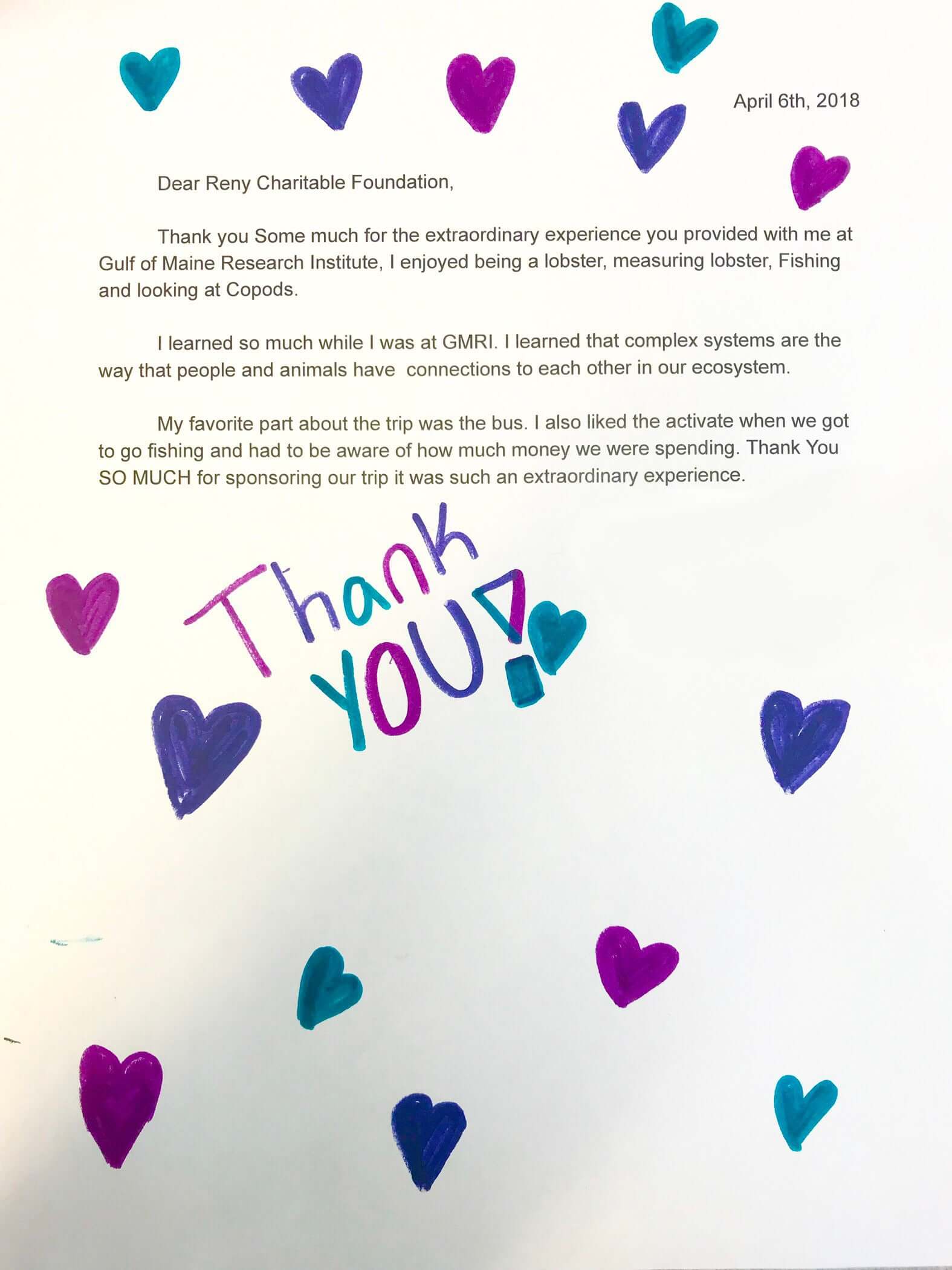 Thank you letter to Reny Charitable Foundation