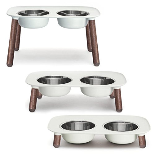 Messy Mutts Elevated Double Feeder - Light Grey with Faux Wood Legs