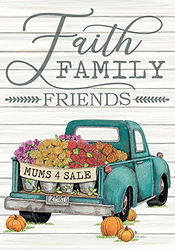 Evergreen Faith Family & Friends Fall Truck & Mums Garden Flag