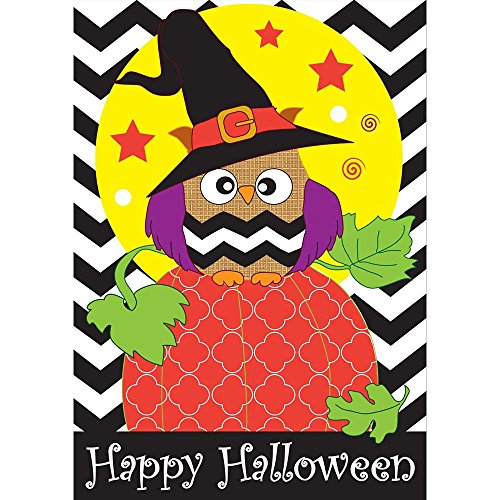 Magnolia Garden Happy Halloween Owl Witch and Pumpkin Burlap Garden Flag