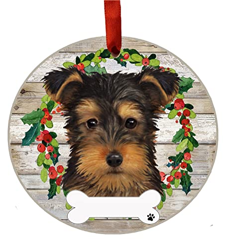 E&S Imports Personalizable Christmas Wreath Ornament-Yorkie Puppy Cut