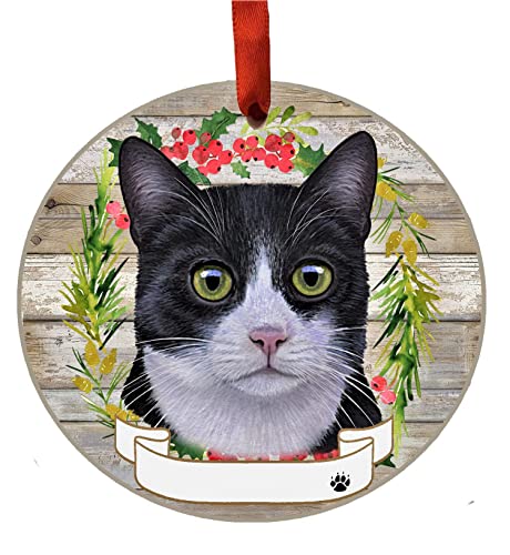 E&S Imports Personalizable Christmas Wreath Ornament-Black & White Cat