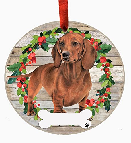 E&S Imports Personalizable Christmas Wreath Ornament-Dachshund Red Full Body