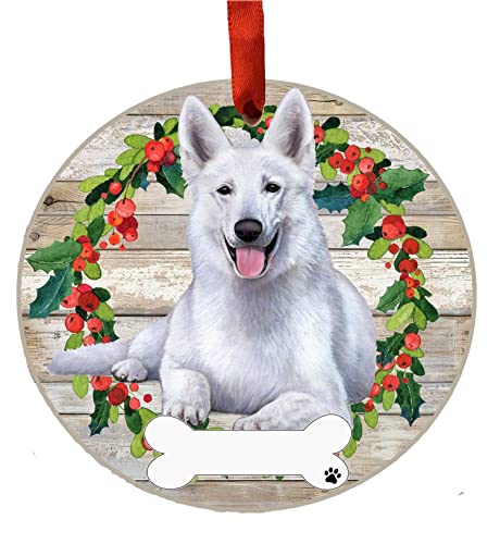 E&S Imports Personalizable Christmas Wreath Ornament-German Shepherd White