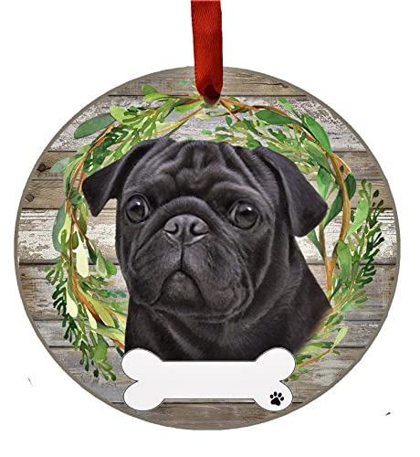 E&S Imports Personalizable Christmas Wreath Ornament-Pug Black