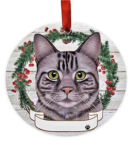 E&S Imports Personalizable Christmas Wreath Ornament-Tabby Cat Silver