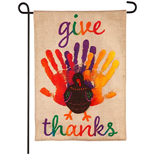 Evergreen Give Thanks Handprint Turkey Thanksgiving Garden Flag