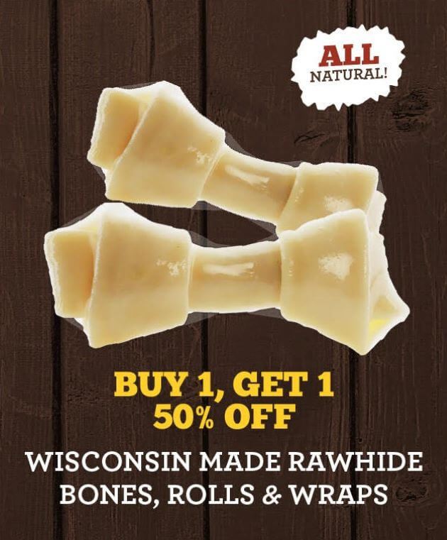 Happy Holidays - Buy 1, Get 1 50% Off Wisconsin Made Rawhide Bones