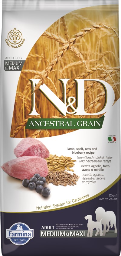 Farmina N&D Ancestral Grain Dry Dog Food - Lamb & Blueberry Med/Maxi Adult
