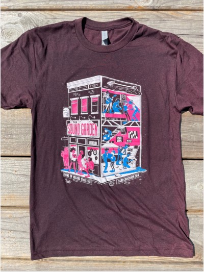 Baltimore Record Shop T-Shirt/Blue/Pink/White - Maroon Background@Small