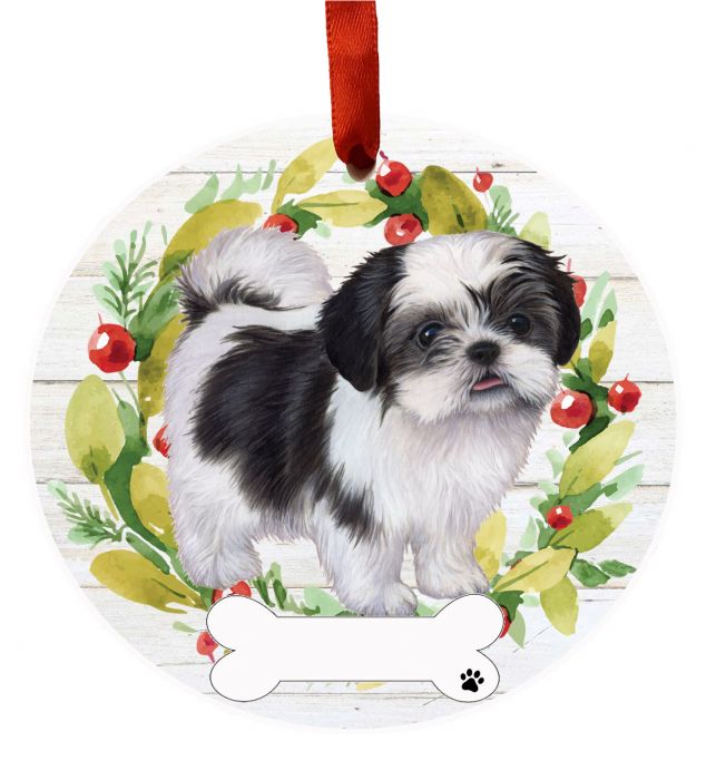 E&S Imports Personalizable Christmas Wreath Ornament-Shih Tzu Black Full Body