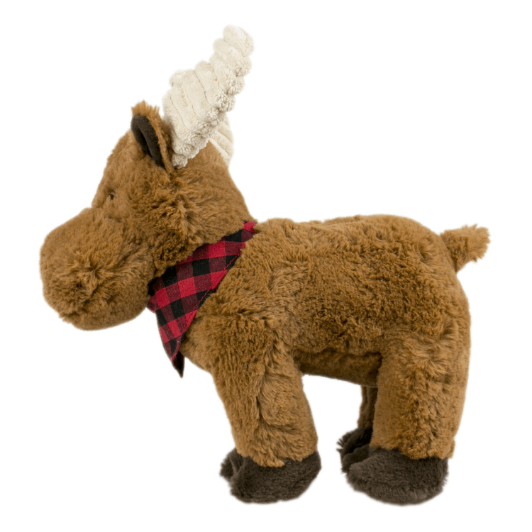 <img src="plush dog toy.png" alt="brown moose plush dog toy with black and red bandana">