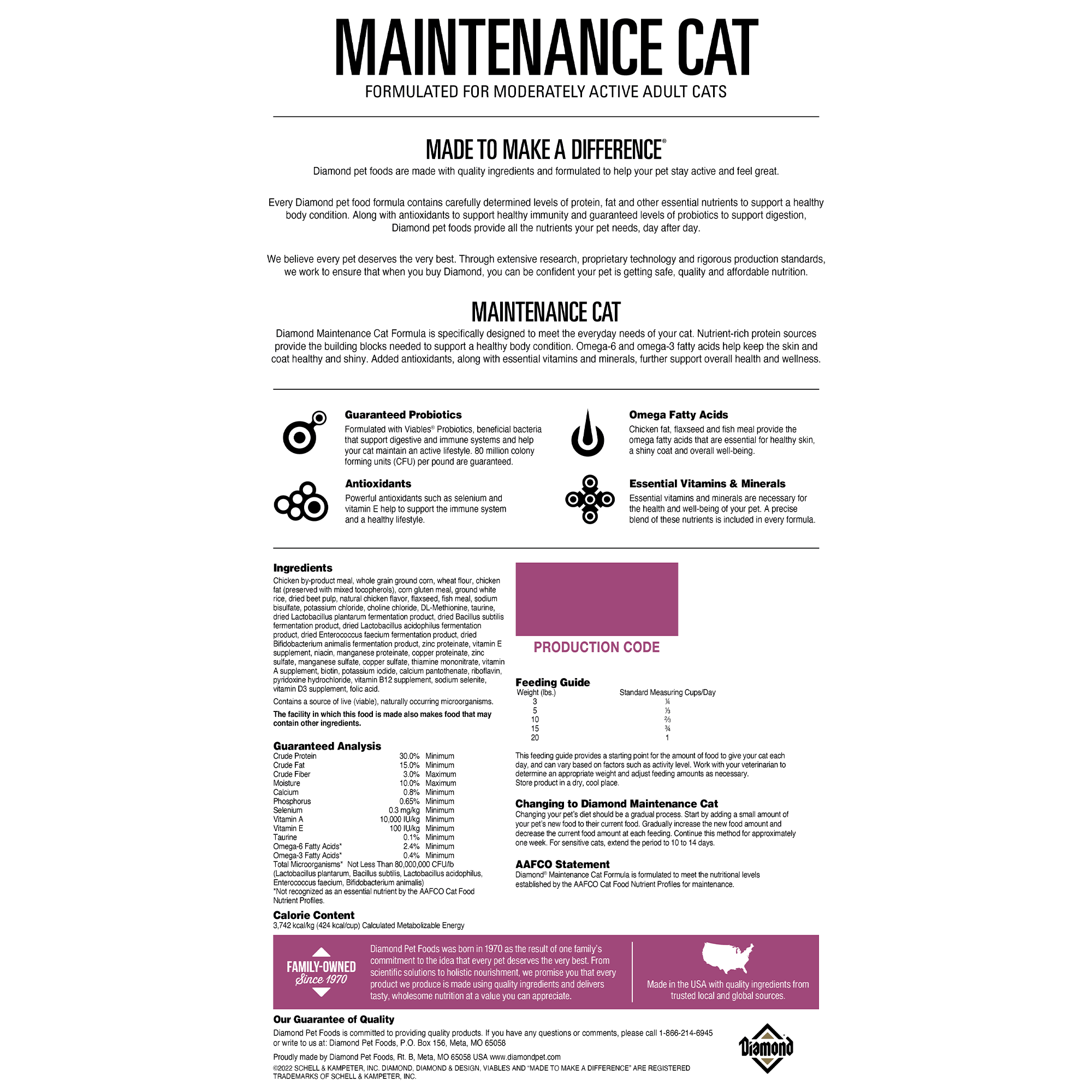 Diamond Cat Maintenance Back of food information 6lb