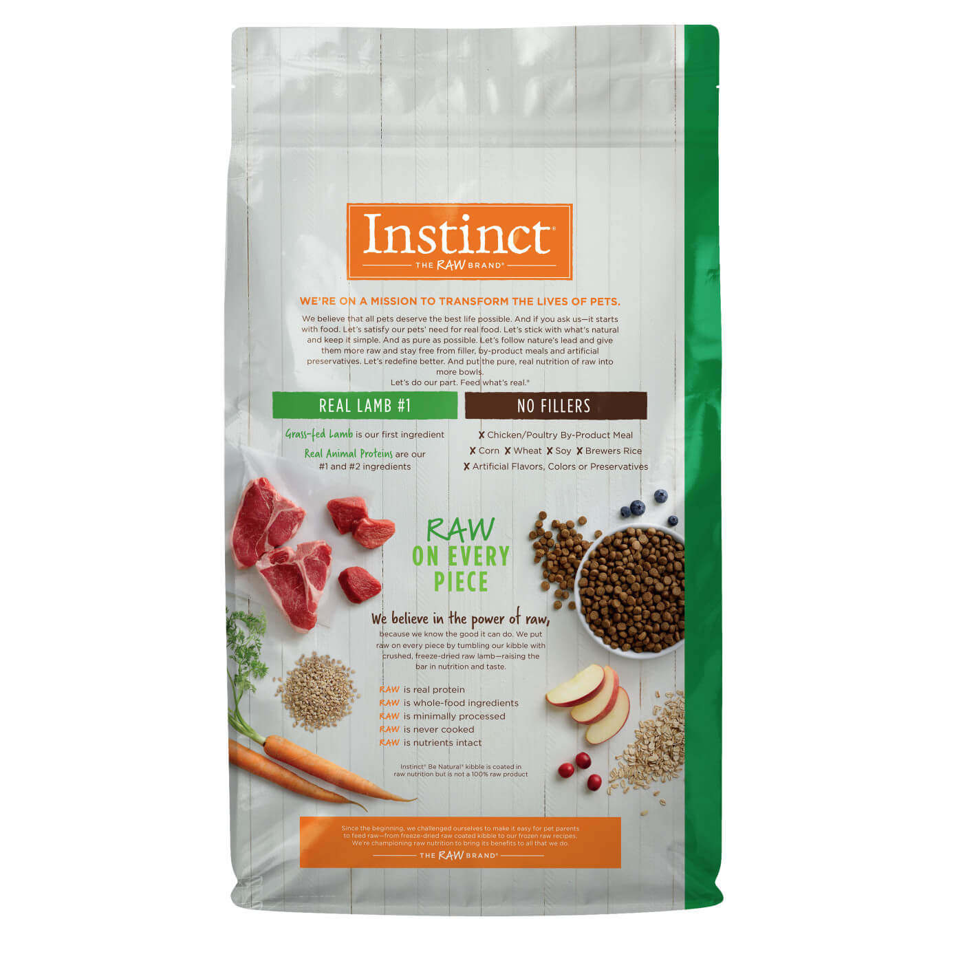 INSTINCT DOG FOOD bE NATURAL REAL LAMB & OATMEAL RECIPE back of 4.5 lb bag