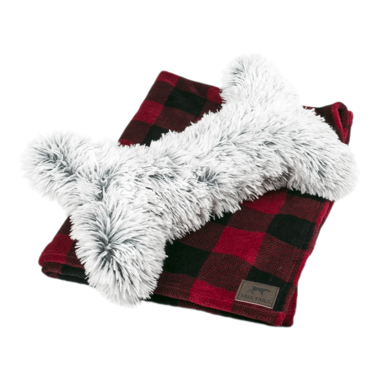 <img src="plush bone and dog blanket set.png" alt="gray fluffy dog bone toy and red and black dog blanket gift set">