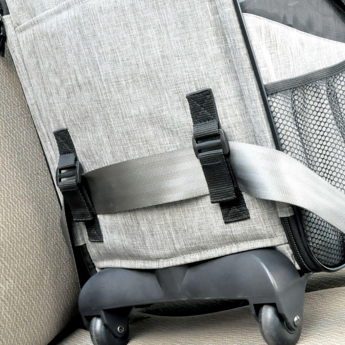 Bergan Rolling Pet Carrier strapped in by a seatbelt