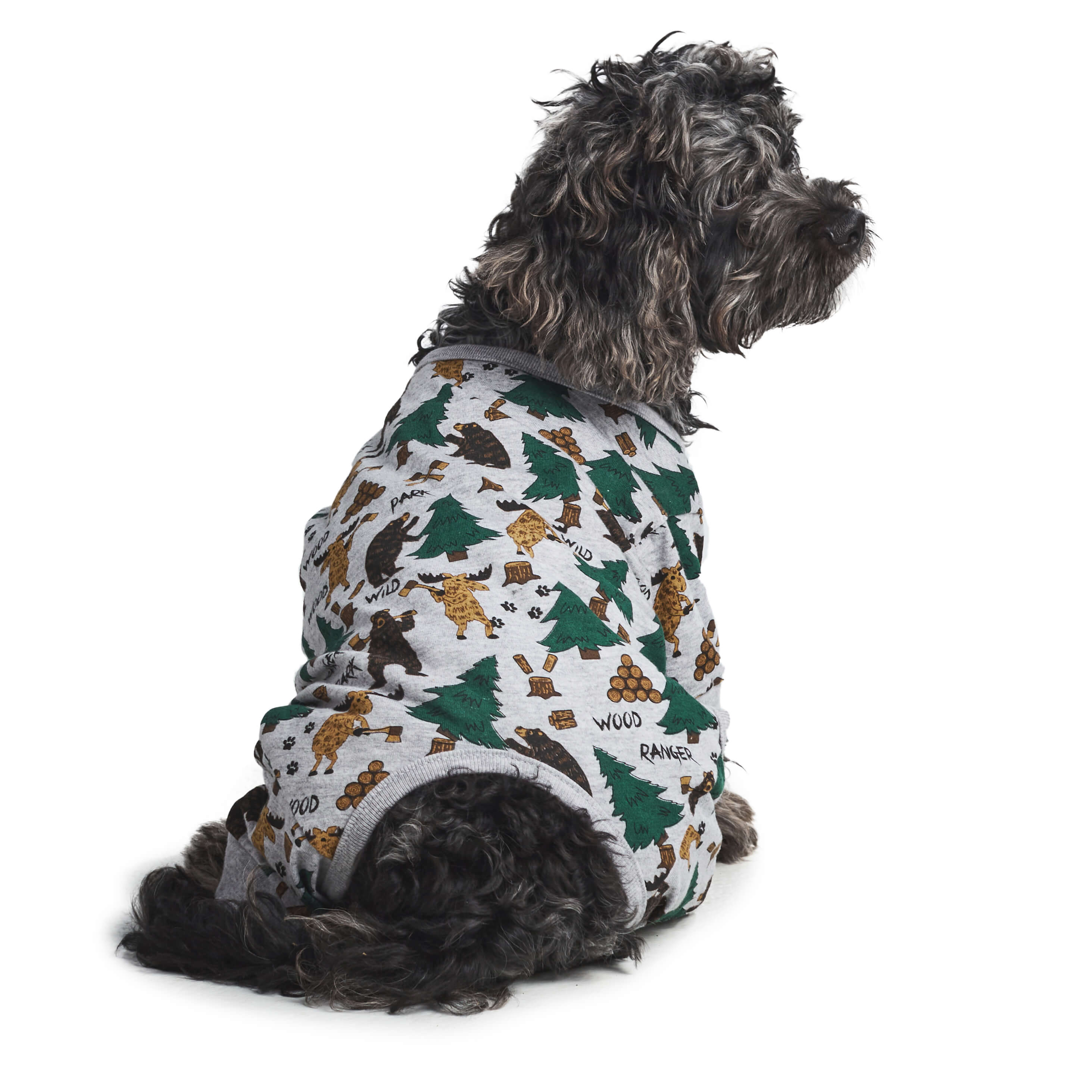 Back view of dog wearing hotel doggy dog pajamas - grey