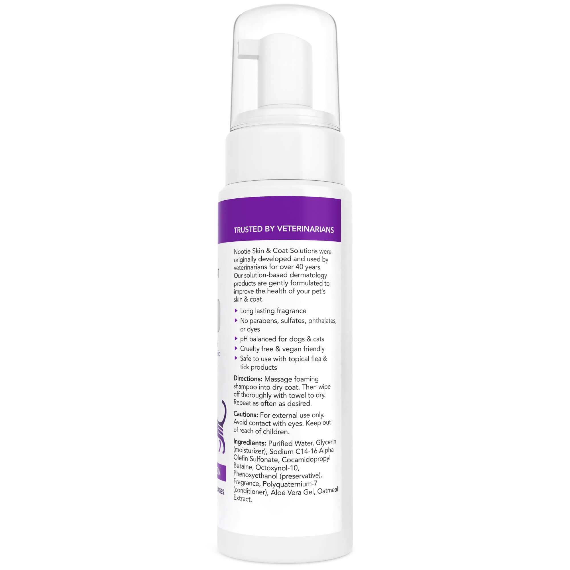 <img src="puppy shampoo.png" alt="nootie waterless puppy shampoo in soft lilly scent back of bottle">