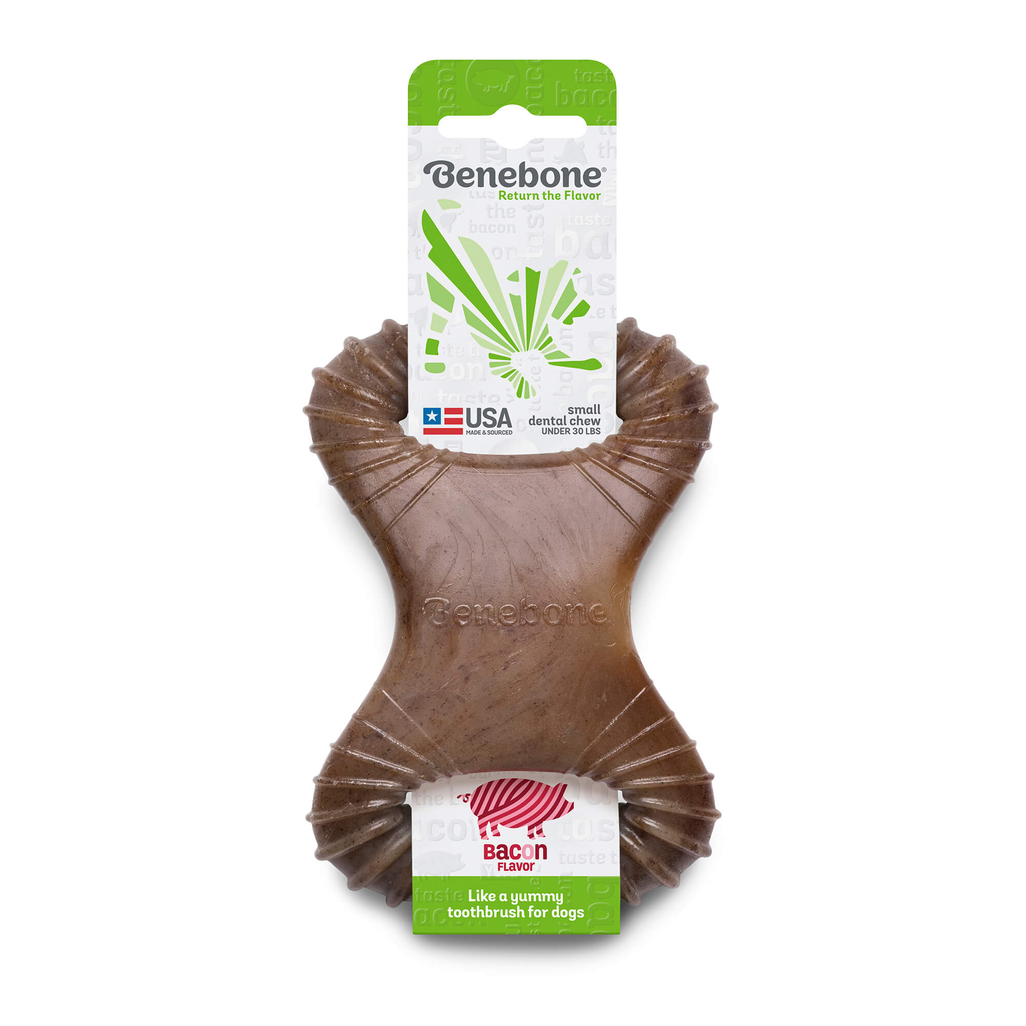 Front of Benebone Dog Chew Toy - Dental Chew - Bacon - Small