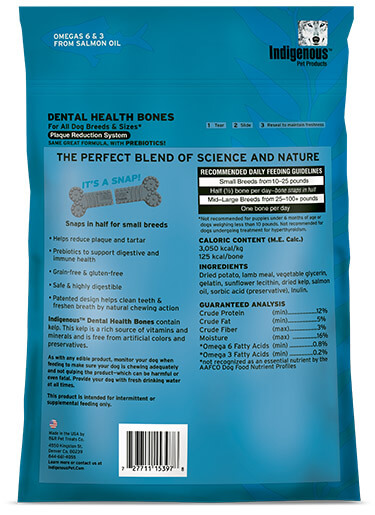 Indigenous Dental health bones potato and lamb flavor limited ingredient back of bag