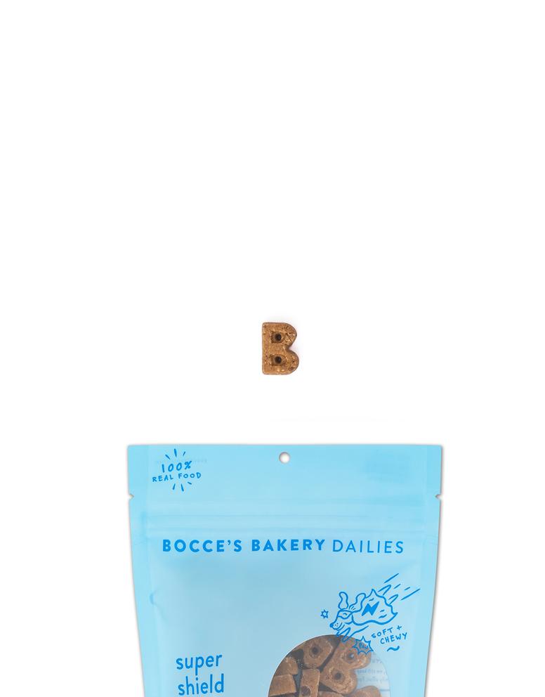 Close up of bocce's bakery dailies dog treats super shield 6 oz