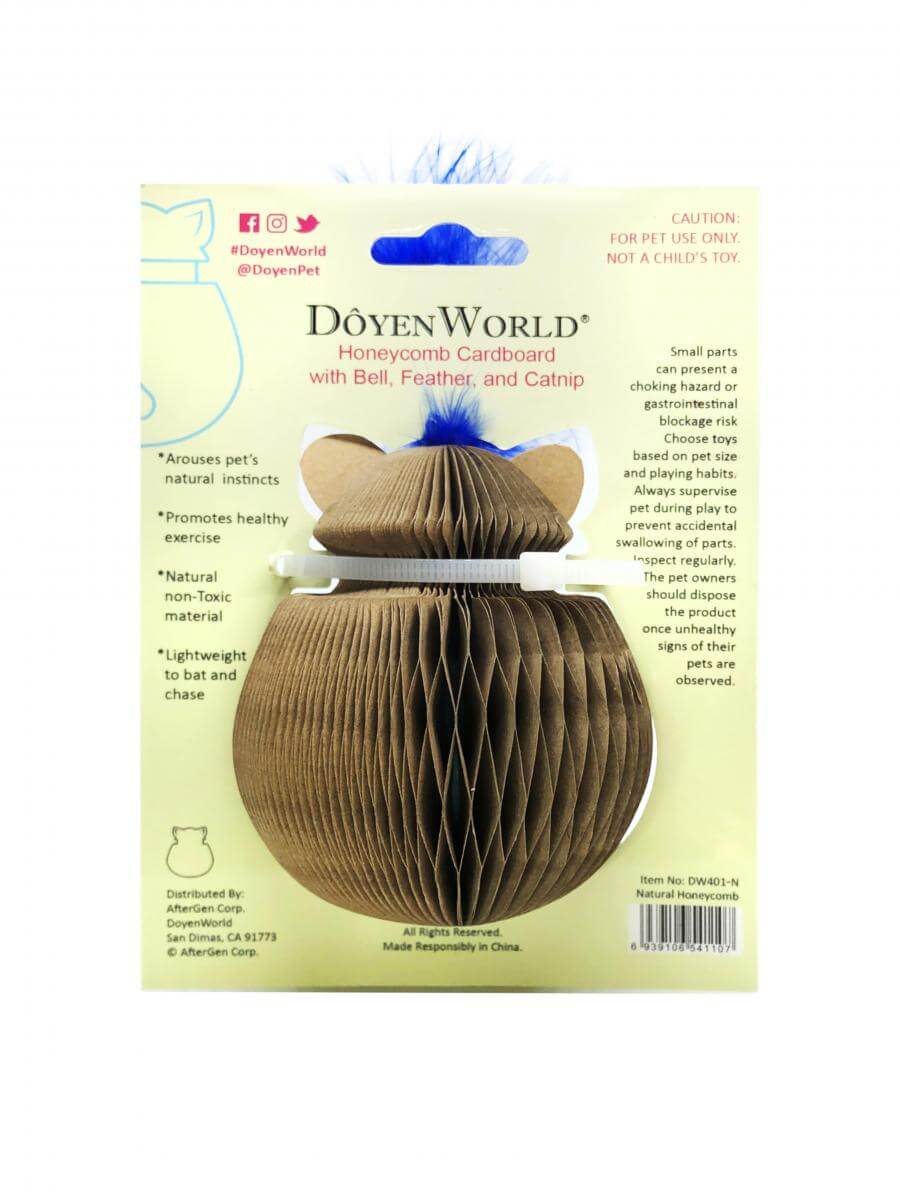 Doyenworld catnip cat toy - honeycomb bell & feather in the packaging
