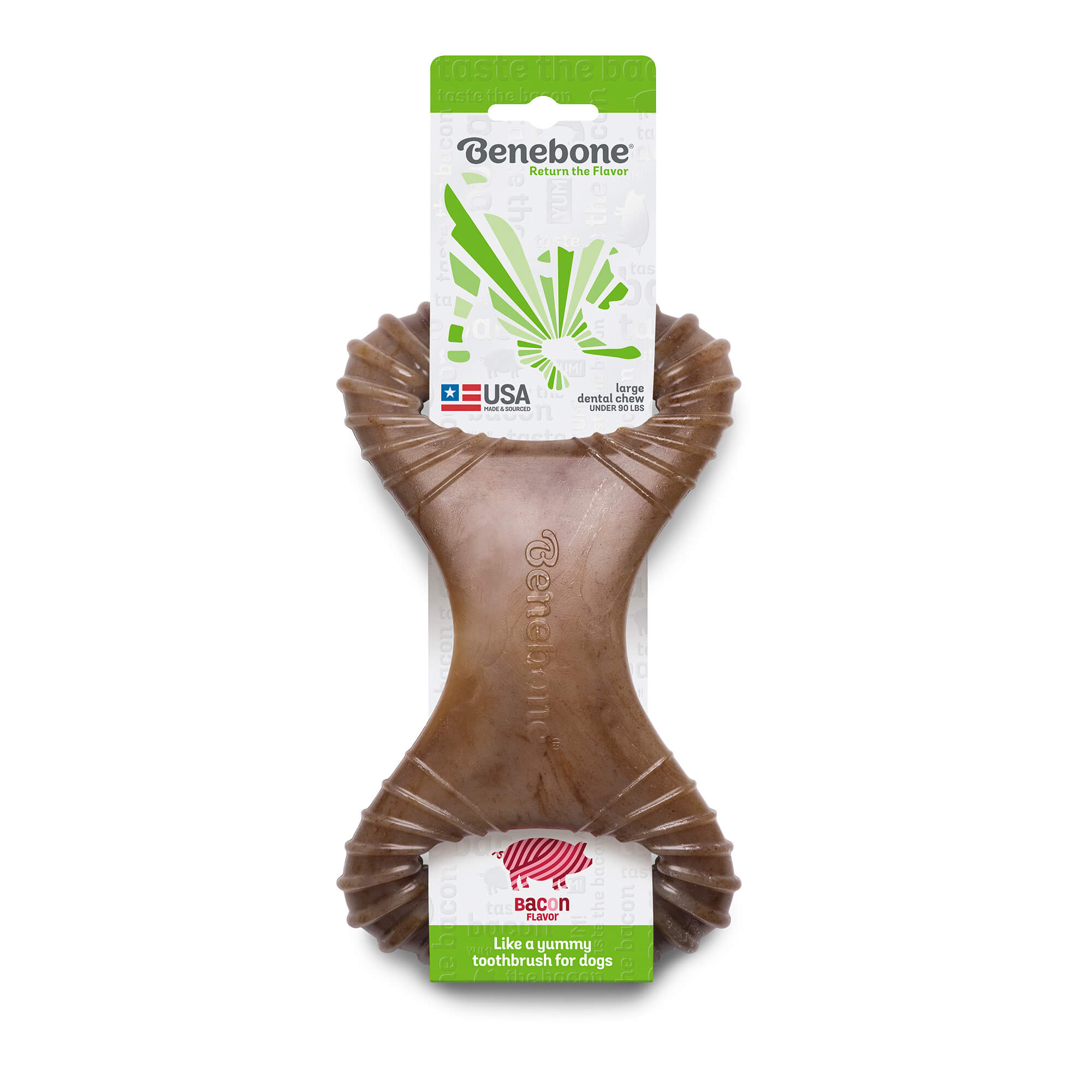 Front of Benebone Dog Chew Toy - Dental Chew - Bacon - Large
