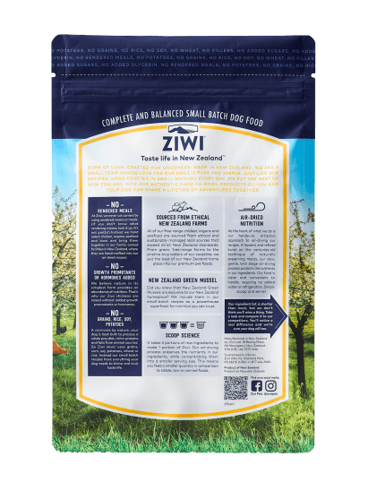 Ziwi Peak Air dried free range chicken dog food back of 2.2 pound bag