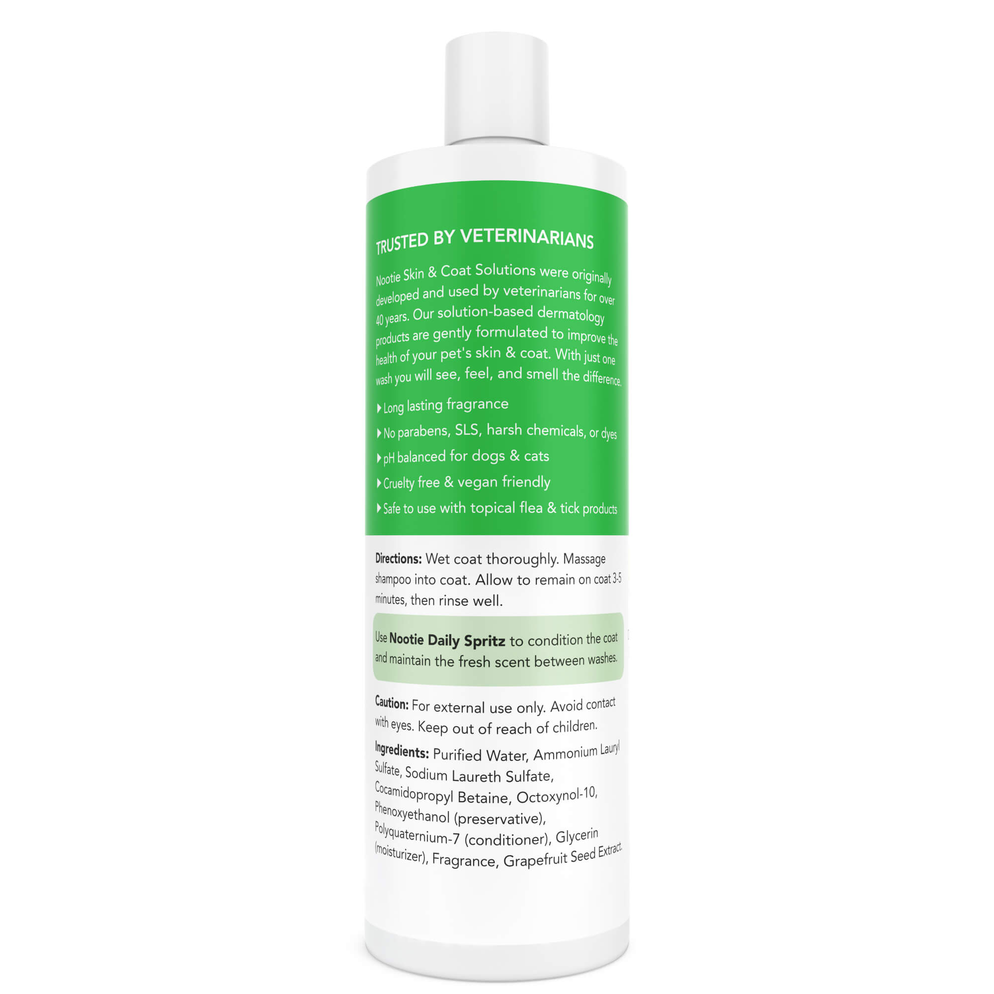<img src="pet shampoo.png" alt="nootie pet shampoo in coconut lime verbena scent back of bottle">