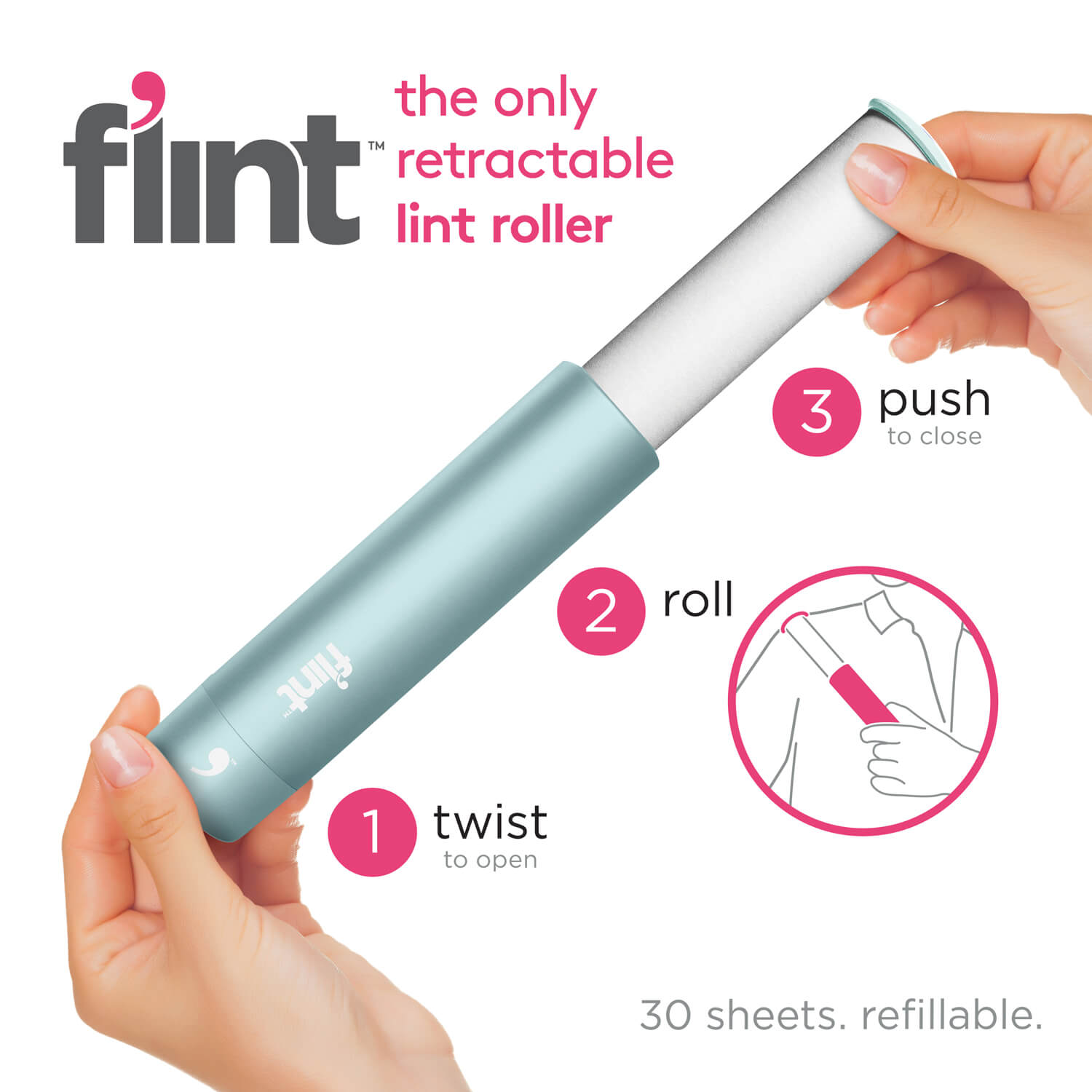 Two hands holding flint lint roller with instructions