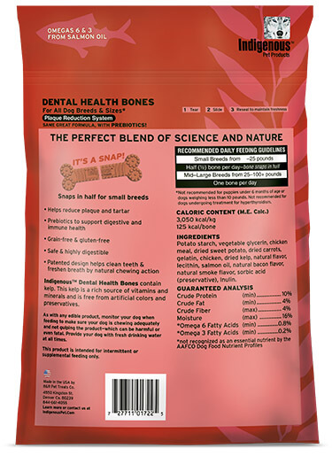 Indigenous dog dental health bones smoked bacon flavor back of bag