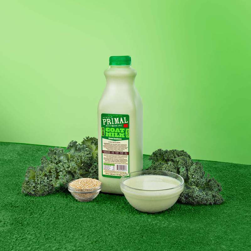 Primal goats milk pictured next to a bowl of goats milk and vegetables