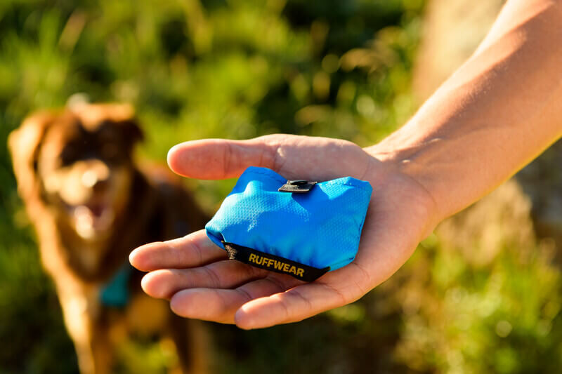 Size example of ruffwear trail runner pet bowl in man's hand