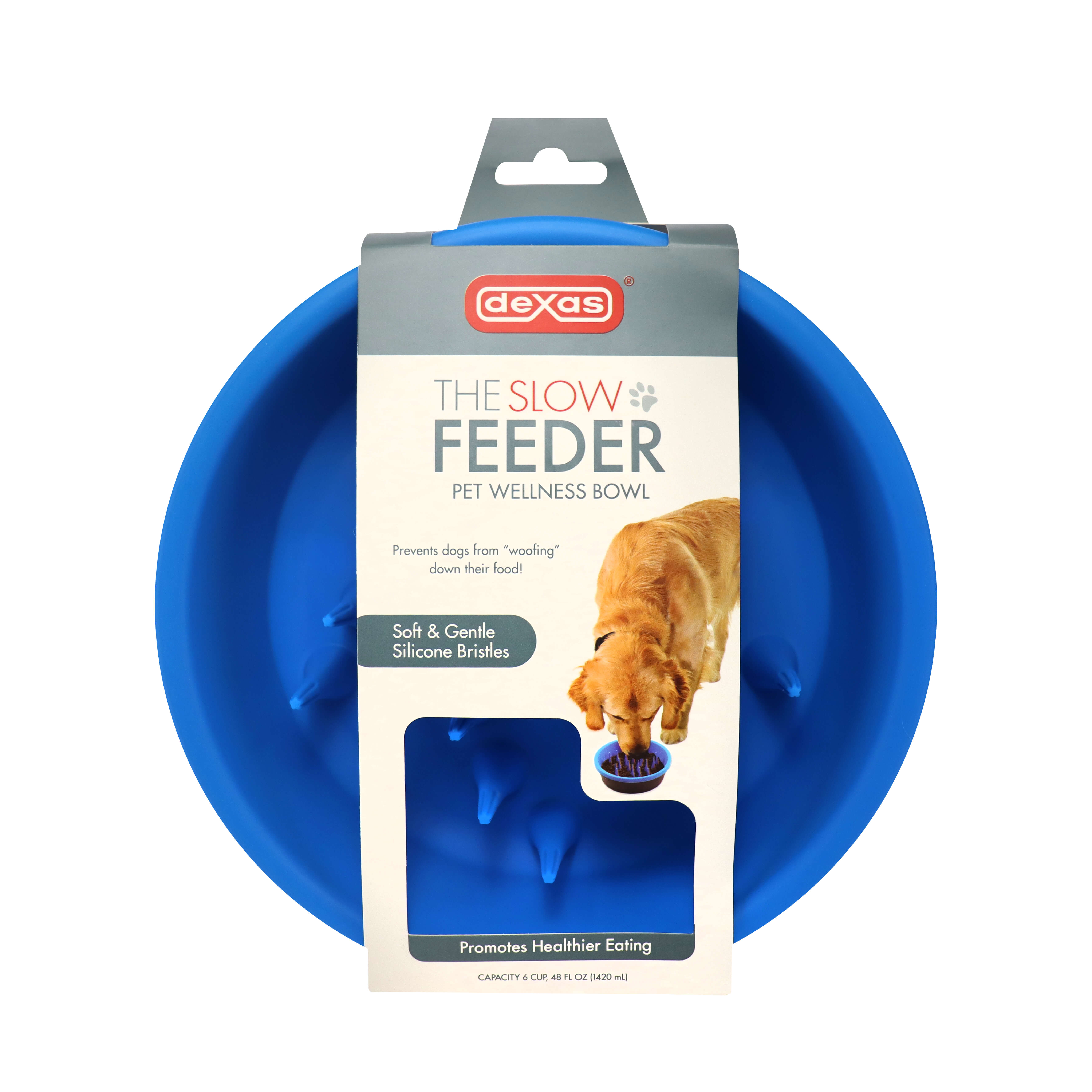 dexas slow feeder dog bowl in blue