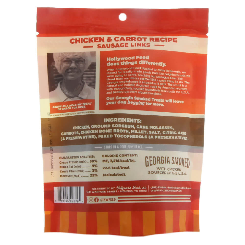 Back of hollywood feed georgia smoked dog treat - chicken & carrot sausages