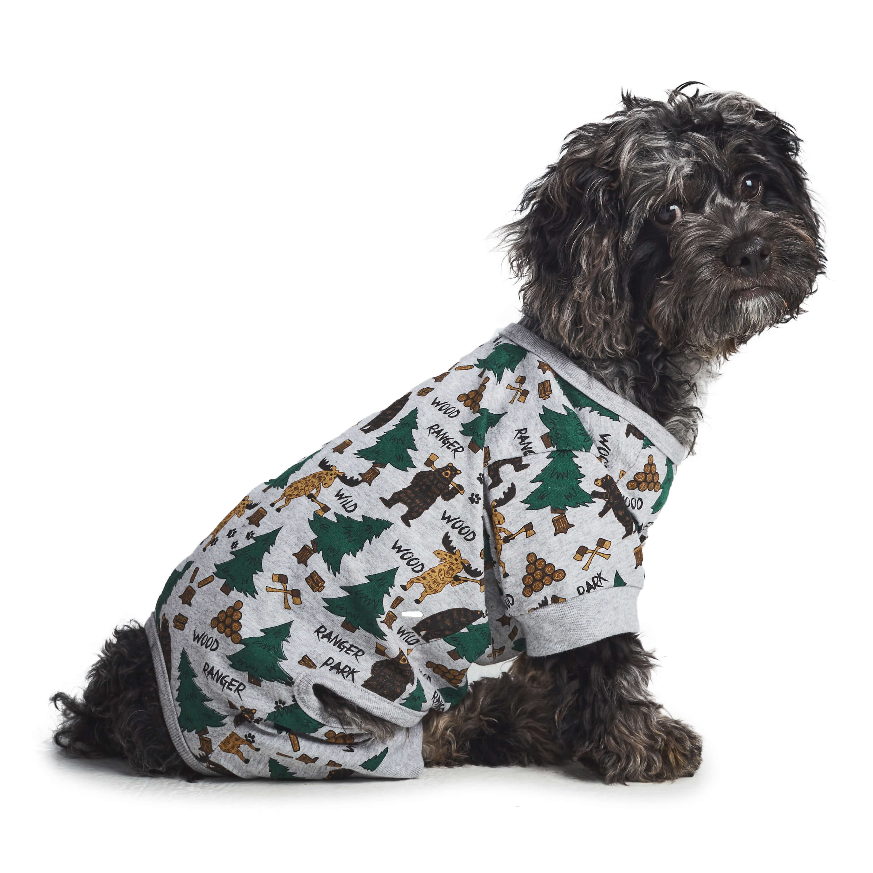 Side view of dog wearing hotel doggy dog pajamas - grey