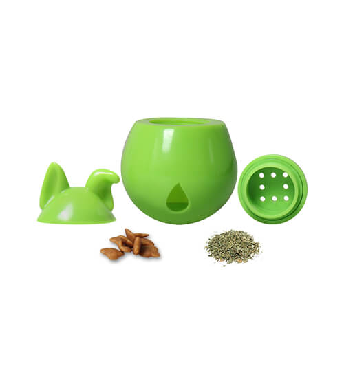 <img src="treat dispensing toy.png" alt="lime green treat dispensing toy doyenbunny for cats and dogs">