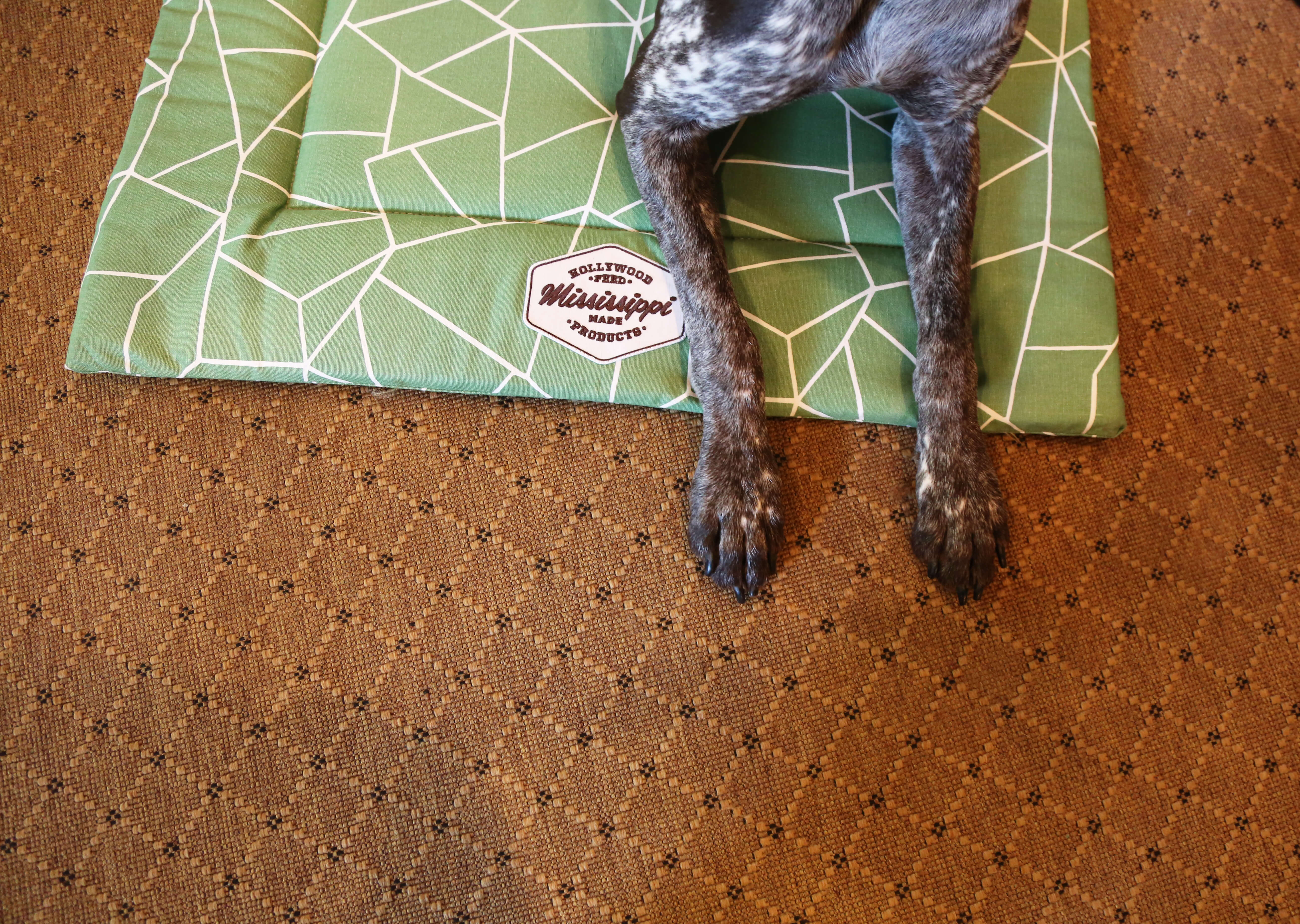 Dog laying on hollywood feed mississippi made snoozepad - cut glass