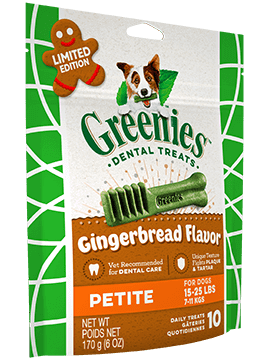 <img src="dog dental treats.png" alt="greenies dental treats for petite sized dogs gingerbread"