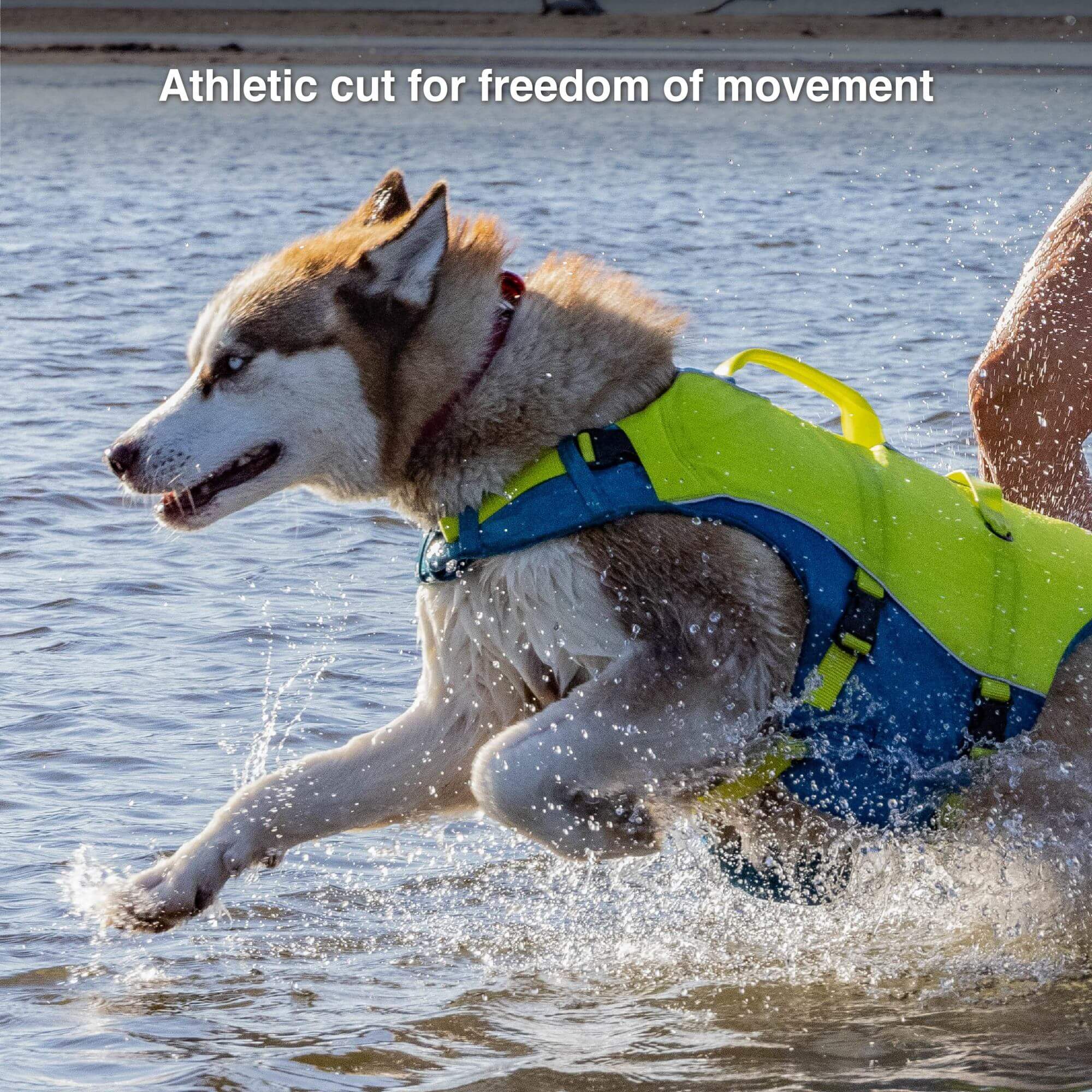 dog running through water in a kurgo yellow life jacket 