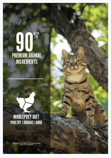 90% premium animal ingredients; wholeprey diet (poultry, organs, bone)