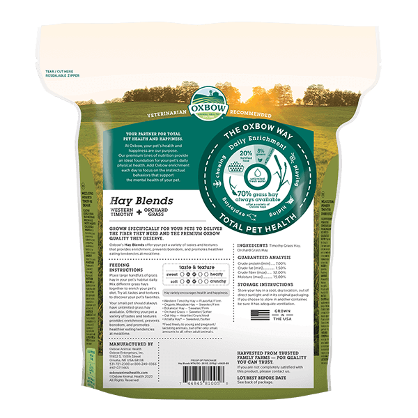oxbow hay blends western timothy hay and orchard grass 20 oz back of bag