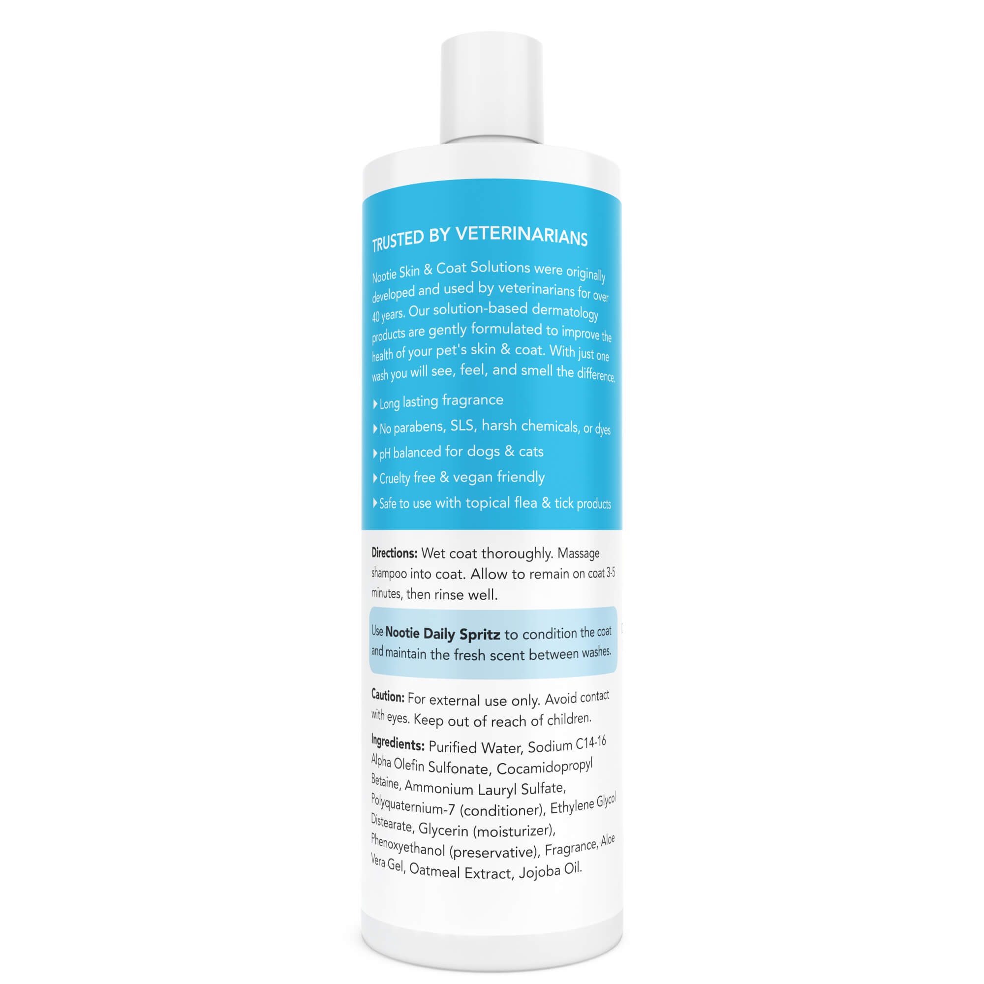 <img src="pet shampoo.png" alt="nootie pet shampoo in sweet pea and vanilla scent back of bottle">