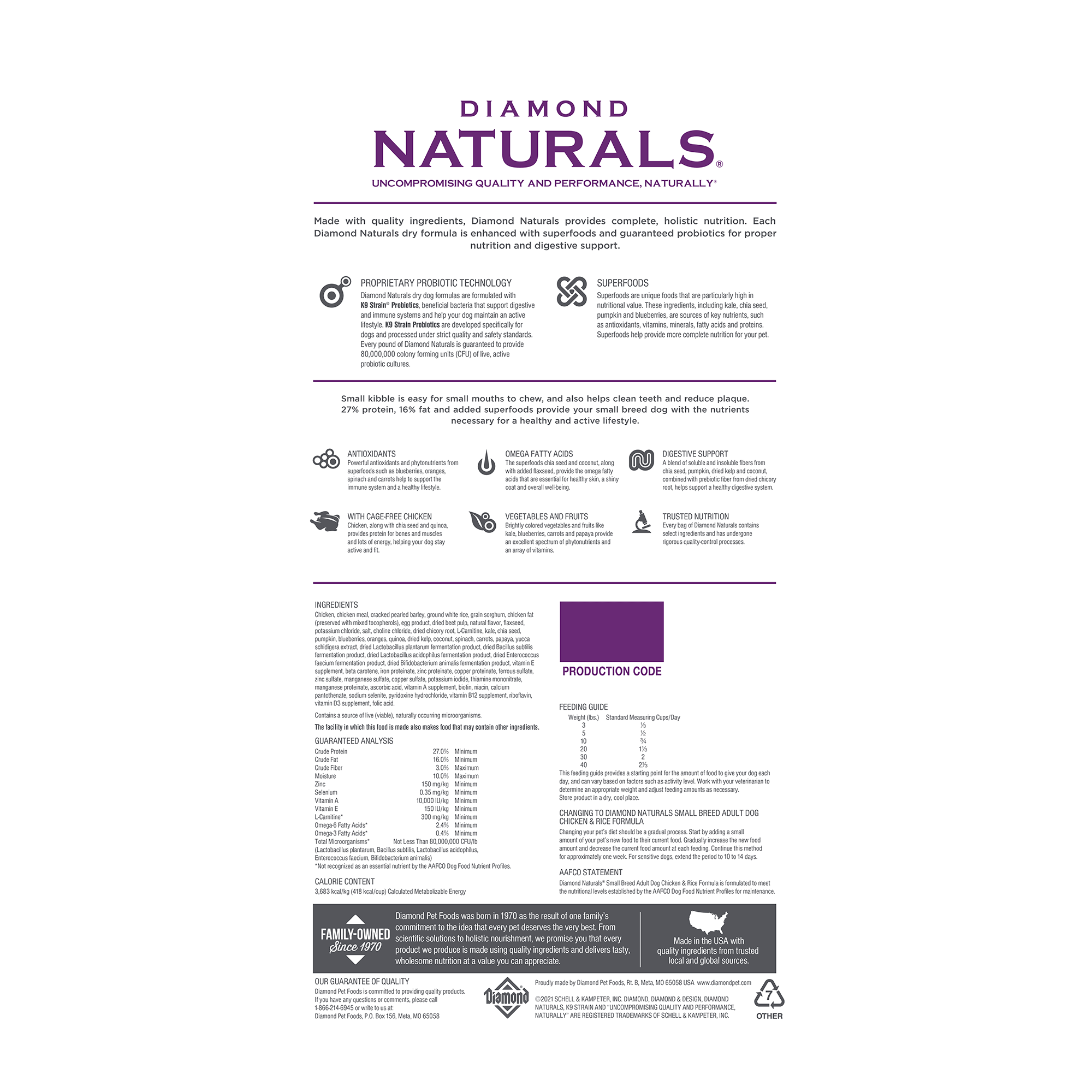 Diamond Naturals Small Breed Back of food information 18 lbs