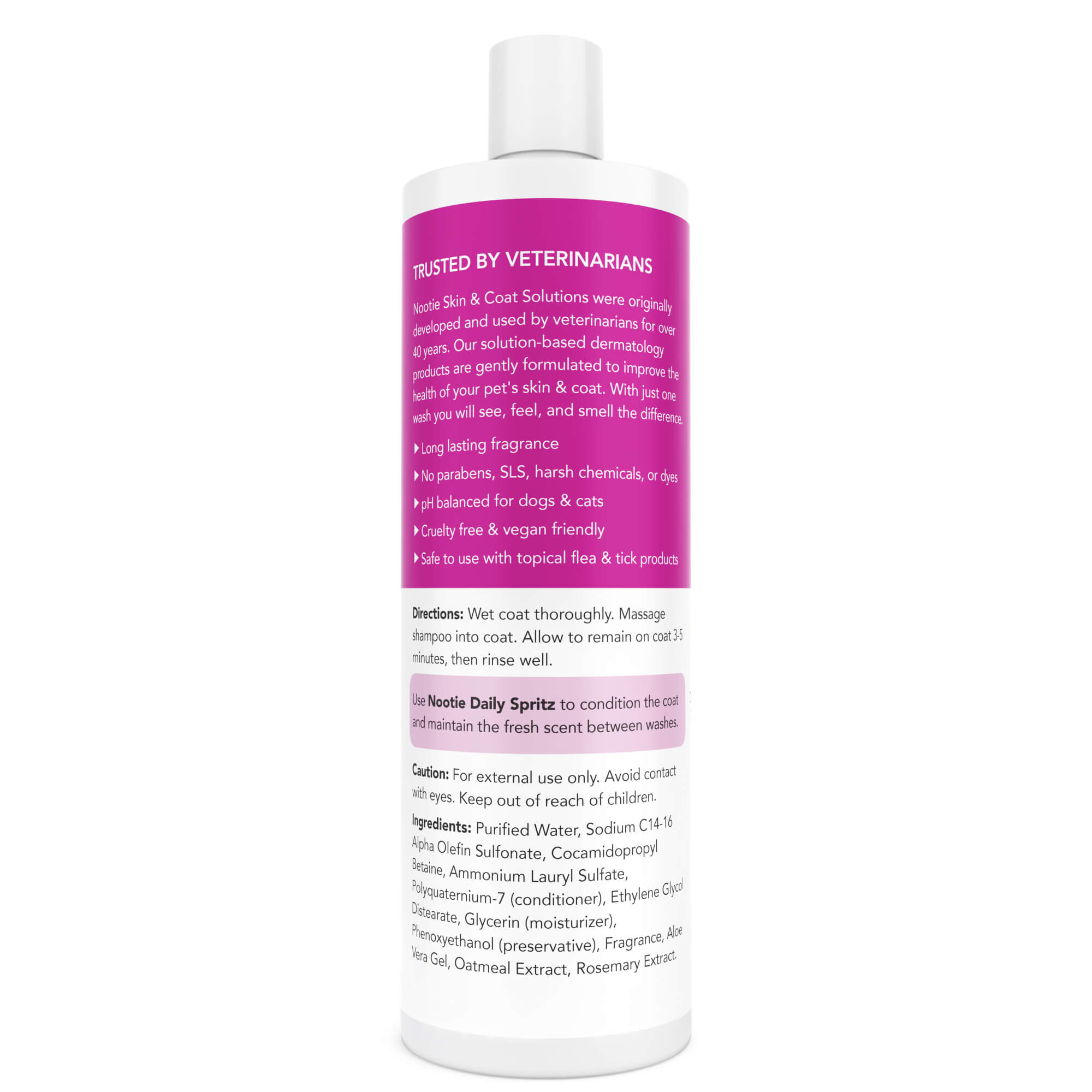 <img src="pet shampoo.png" alt="nootie pet shampoo in japanese cherry blossom scent back of bottle">