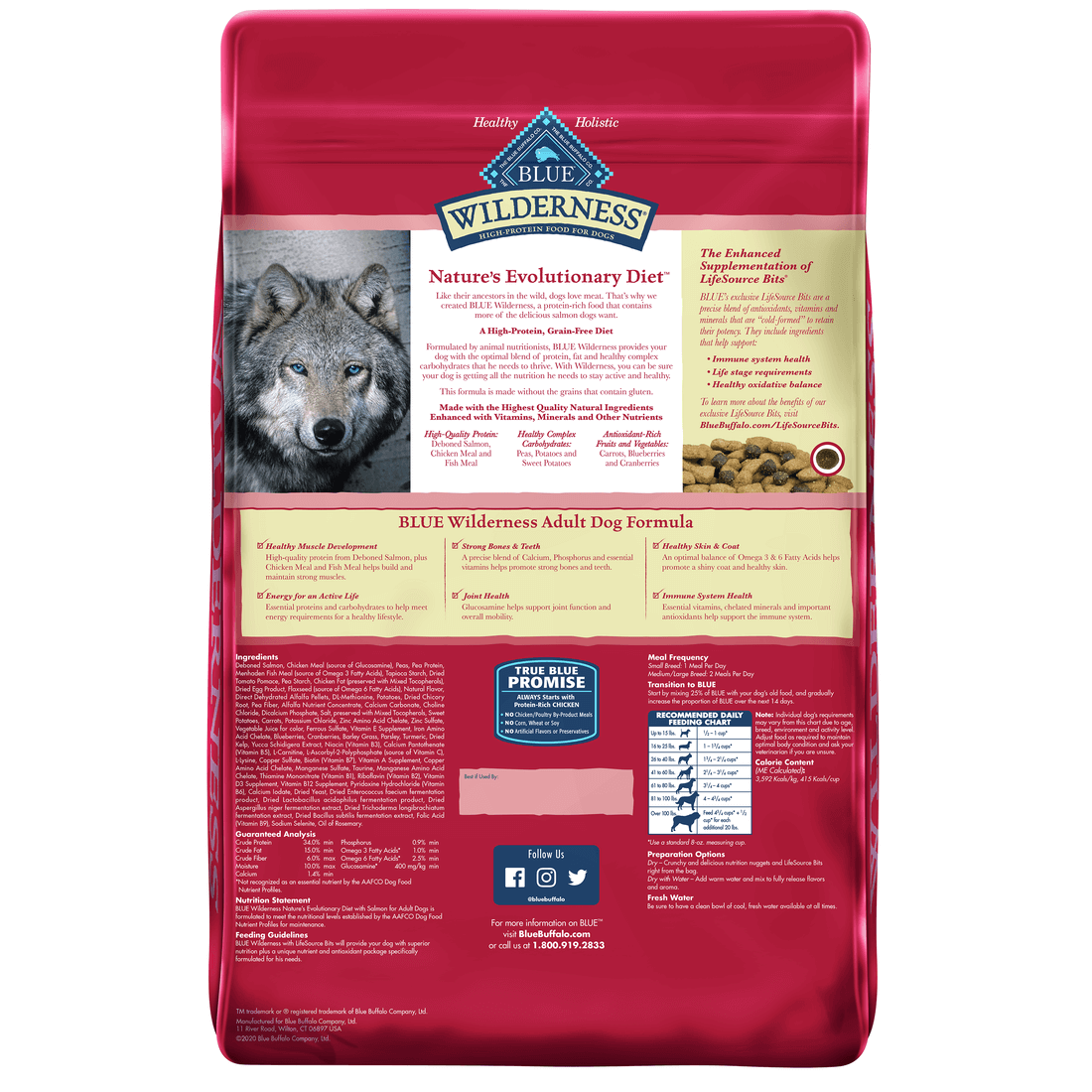Back of Blue Buffalo Wilderness Dog Food - Adult Grain-Free Salmon 24lbs