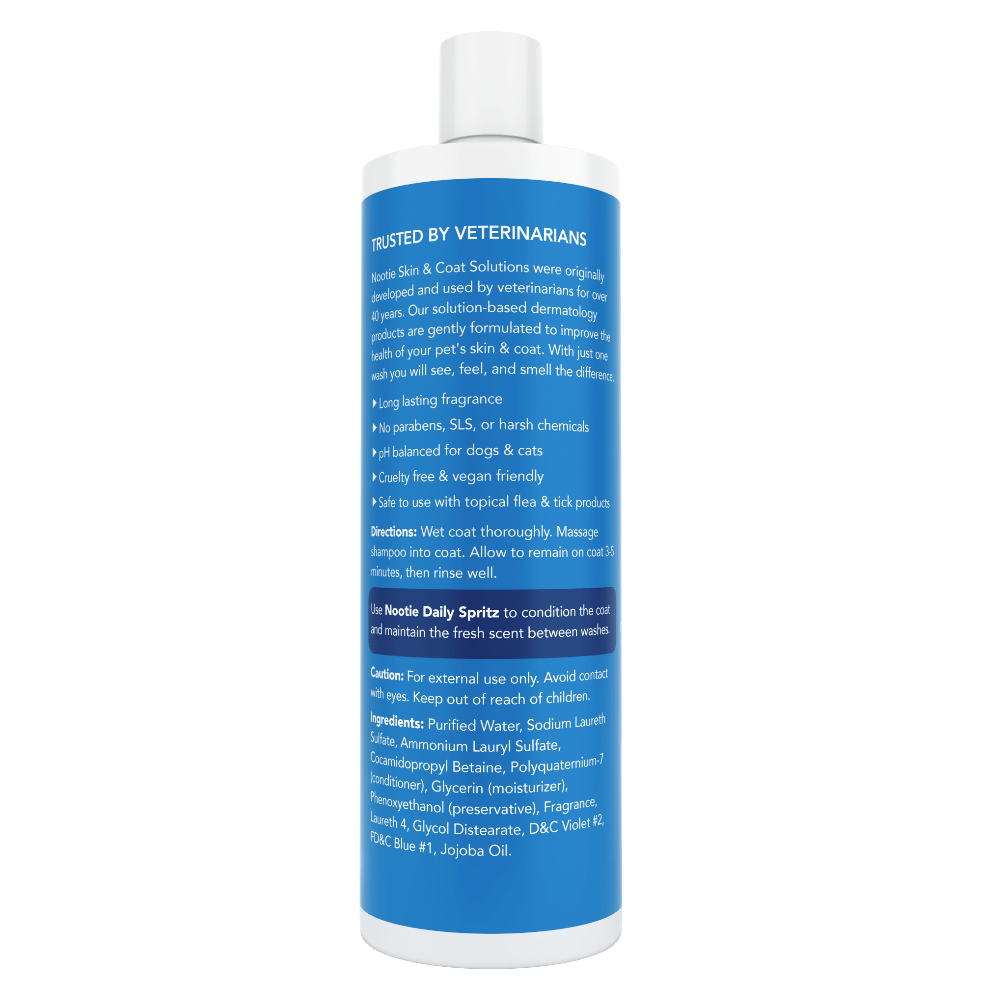 <img src="whitening shampoo.png" alt="nootie whitening dog shampoo in sweet pea and vanilla scent back of bottle">