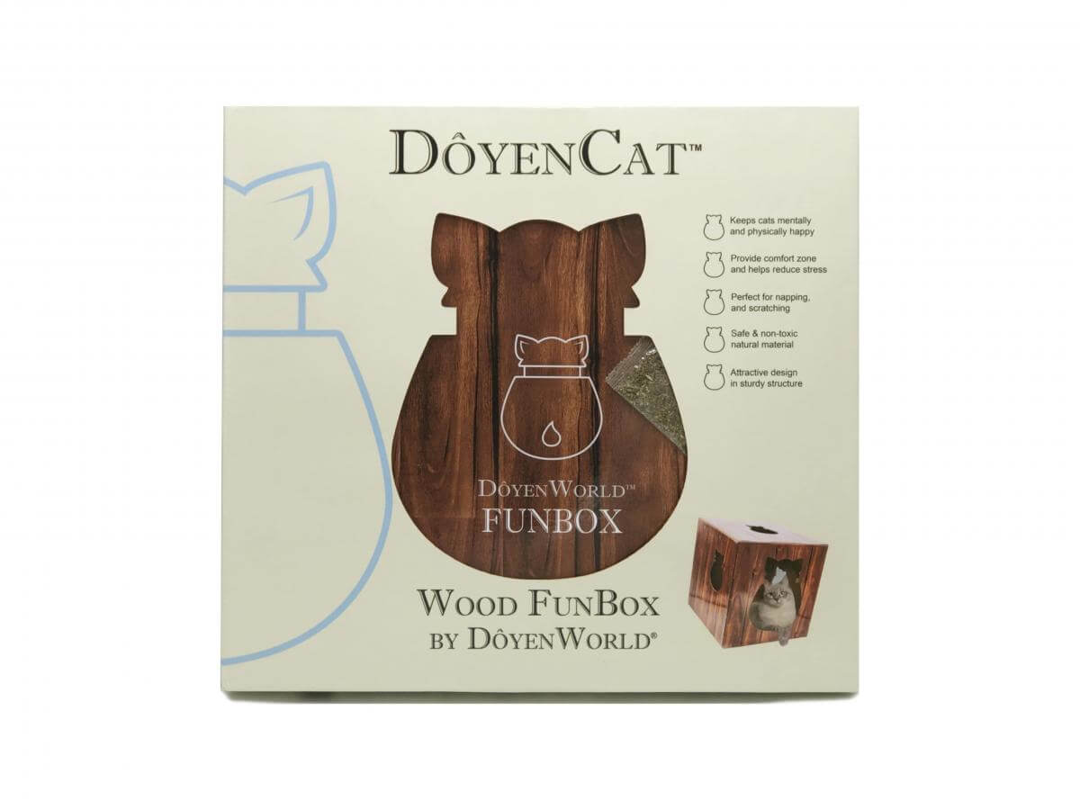 Front of doyenworld cat hide - doyencat funbox wood packaging